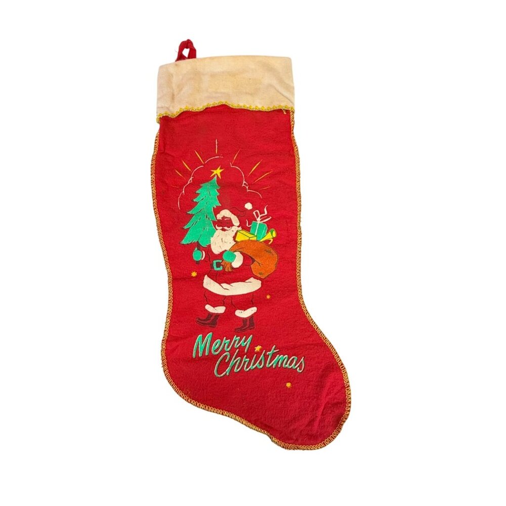 Vintage 1950s Felt Red Christmas Stocking Merry Christmas Santa Claus Felt 17”